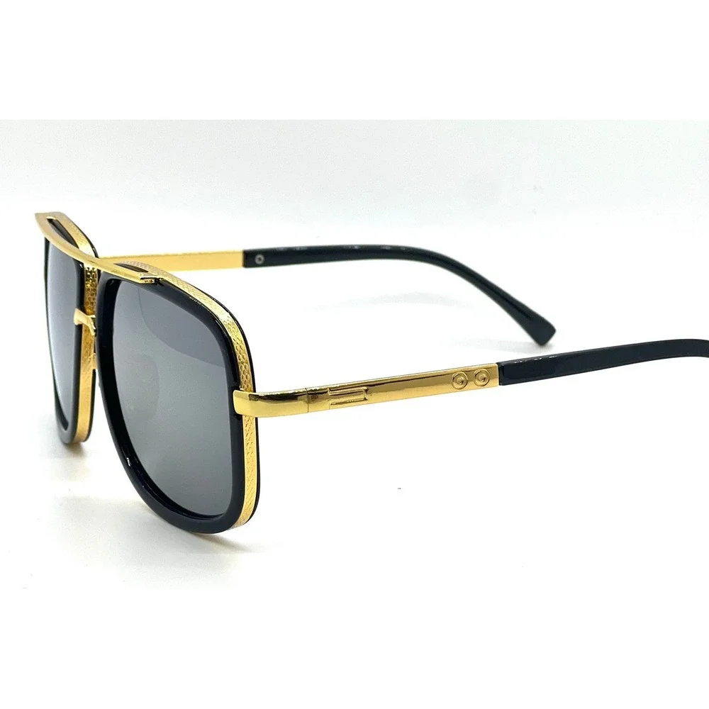 Trendy Men‎ Sunglasses Gold Black Frame Mirror Lens Retro Square Oversized Male